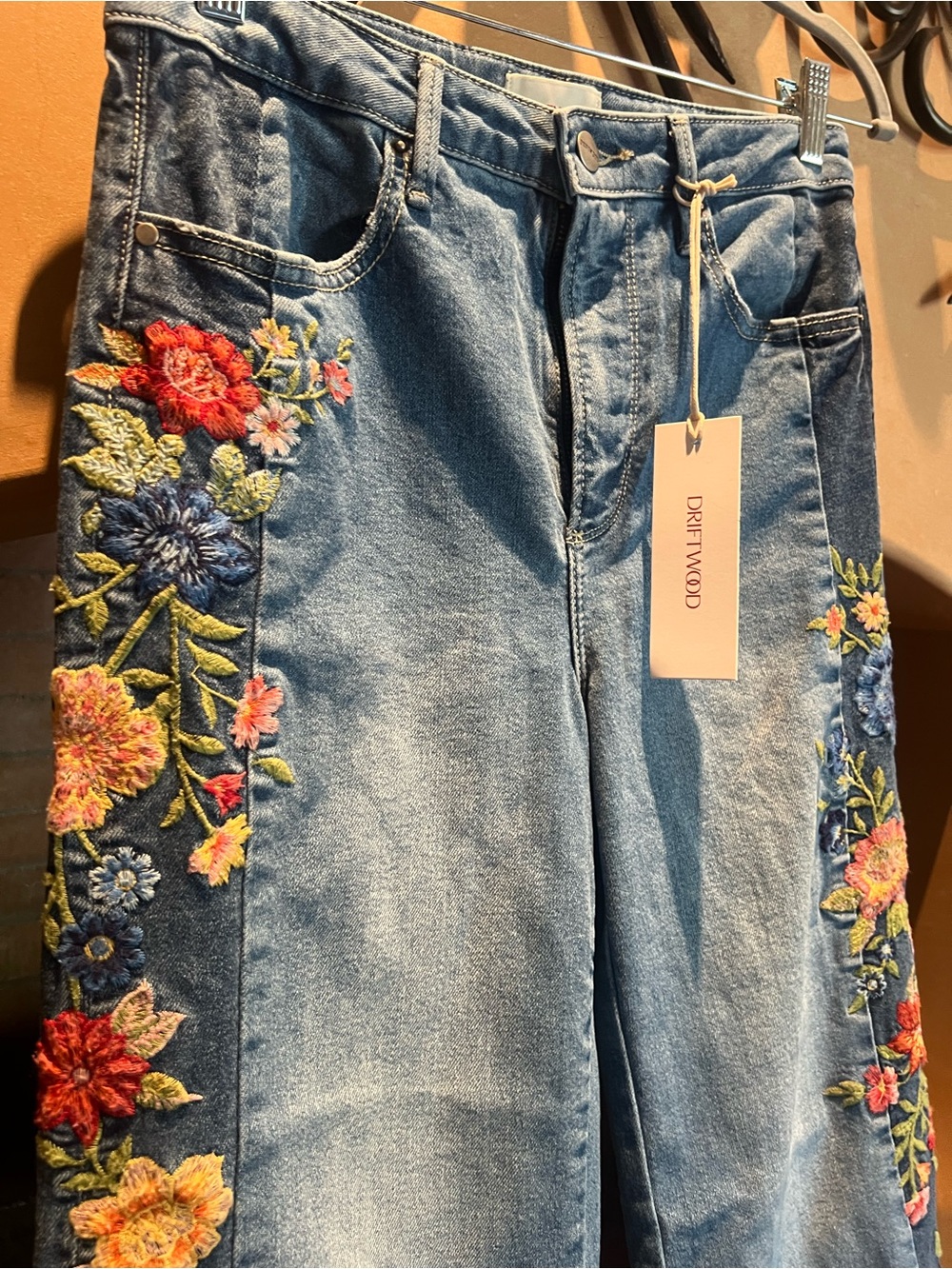 DRIFTWOOD Blue Denim Flare Jeans with Multicolor Floral Embroidery - Picture 2 of 6